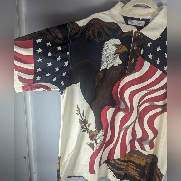Vintage American Summer Men's Bald Eagle American Flag button up polo shirt XL - Picture 2 of 6